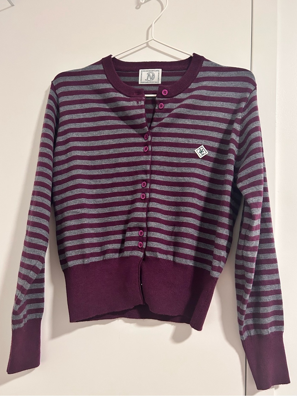 Wool-Blend Striped Button-Up Cardigan Sweater in Plum Purple and Gray